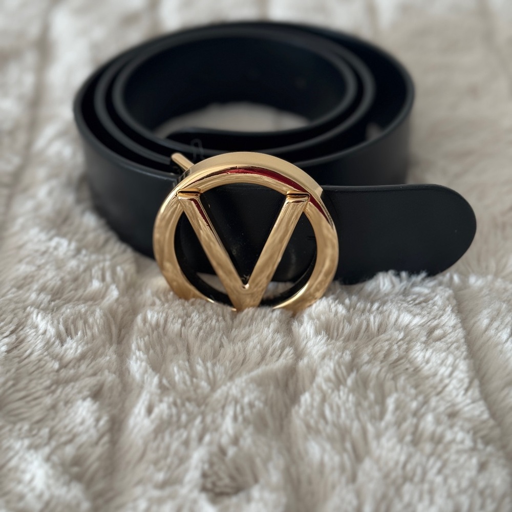 Valentino By Mario Valentino Black Belt with Gold V Buckle
